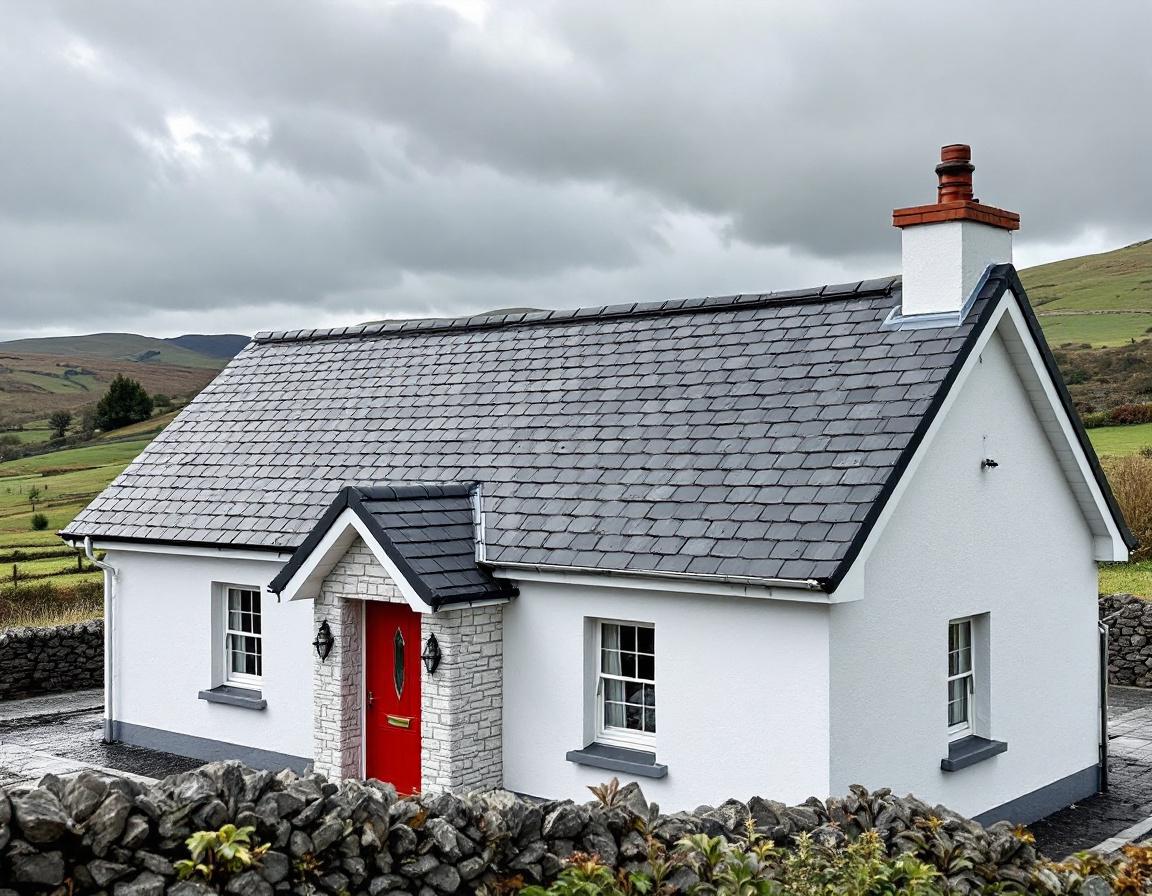 Storm damage roof repair in progress on an Irish cottage near Galway