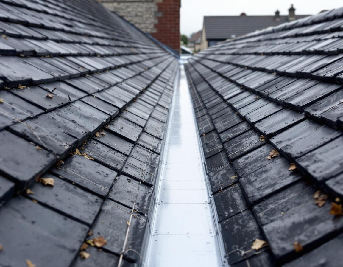 Lead valley repair between slate roof sections on a terraced house in Limerick